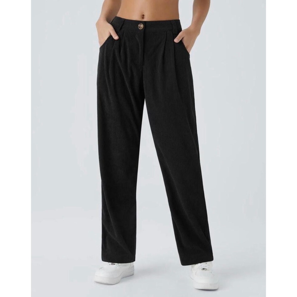 Halara Mid Rise WIde Leg Pockets Corduroy Pleated Pants Womens Large Minimalist